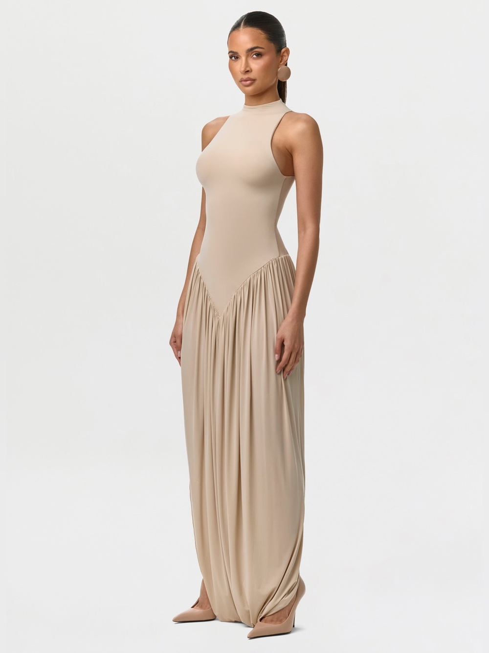 Naked Wardrobe Sleeveless Draped Drop Waist Maxi Dress Nude Taupe S